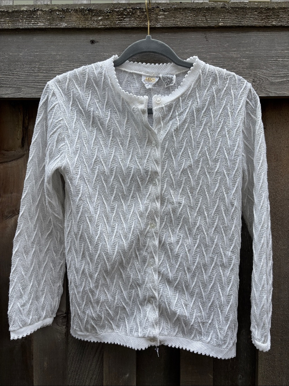 Vintage Cardigan White and Silver Mettalic Sparkle Knit Sweater Button-Up S